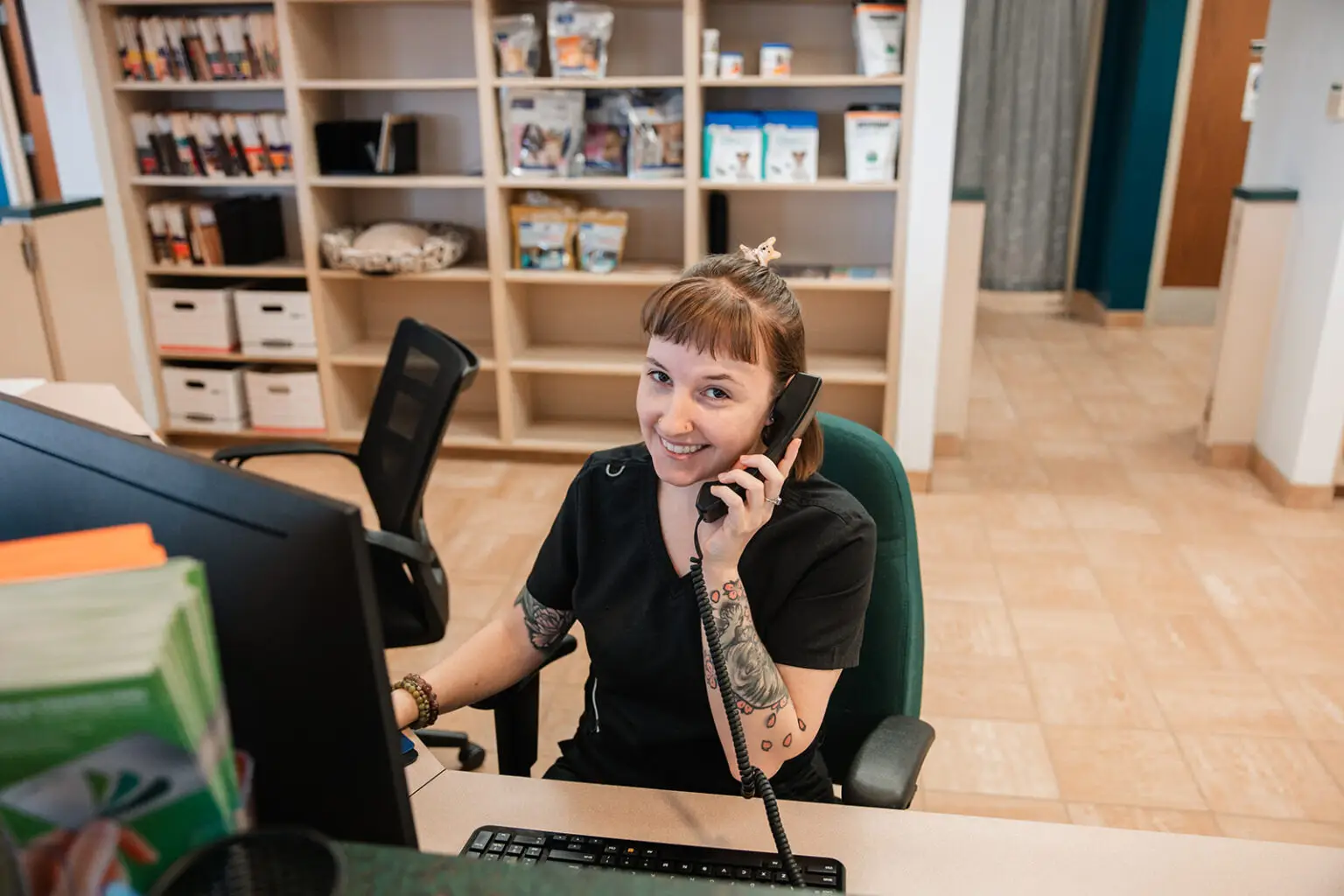 A staff member answers the phone at Buckeystown Veterinary Hospital